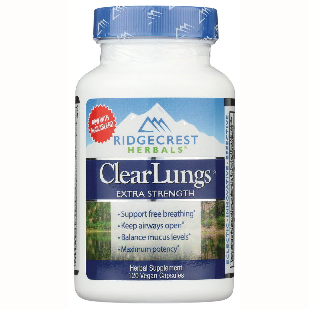 PH077 | Ridgecrest Herbals ClearLungs extra strength supplement bottle label, 120 vegan capsules - Thumbnail