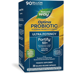 NW805 | Nature's Way Optima Probiotic Fortify 50+ front box, ultra potency probiotic for colon health, 30 delayed-release capsules
