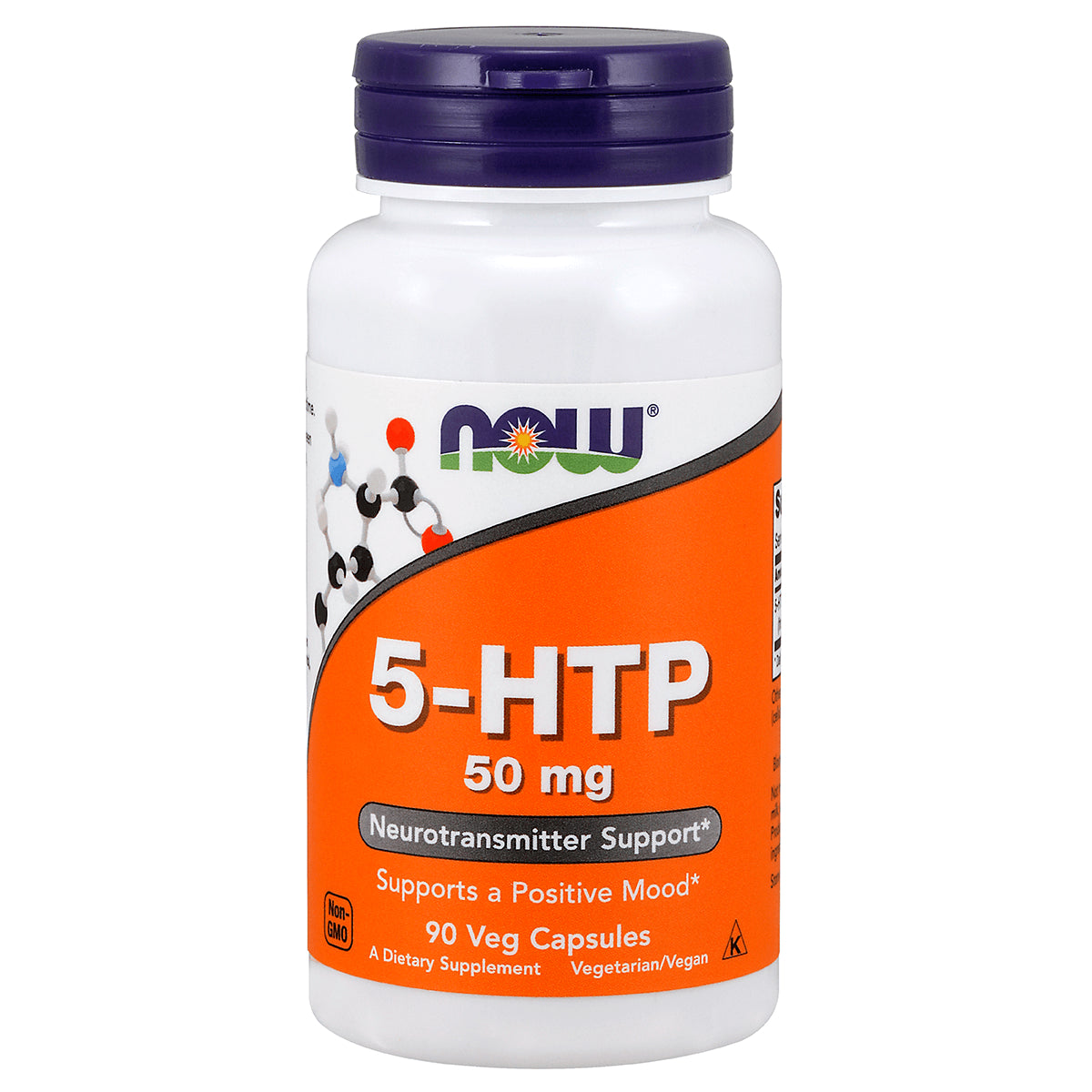 NWF649 | NOW 5-HTP 50 mg supplement bottle with orange label, 90 veg capsules