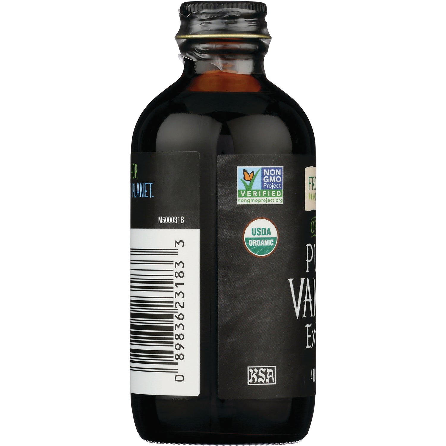 FNP049 | Amber glass bottle back showing barcode, Non GMO Project Verified and USDA Organic seals and partial vanilla extract label