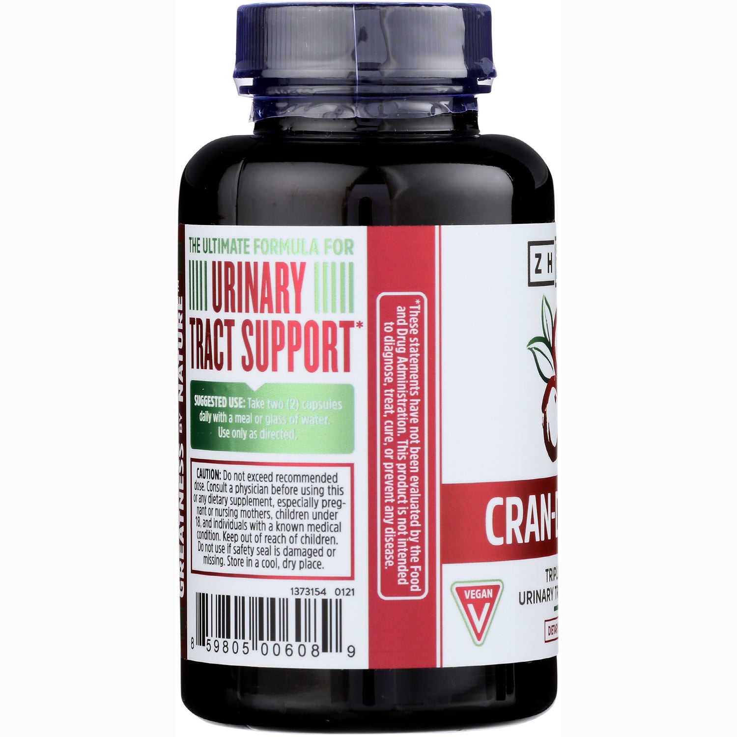 ZOU012 | Urinary tract support supplement bottle, side label with directions, caution, barcode, and vegan badge