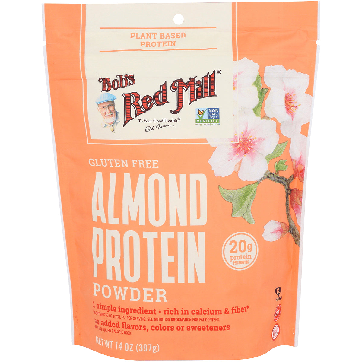 BOB459 | Bob's Red Mill Almond Protein Powder orange pouch, gluten free, 20g protein per serving