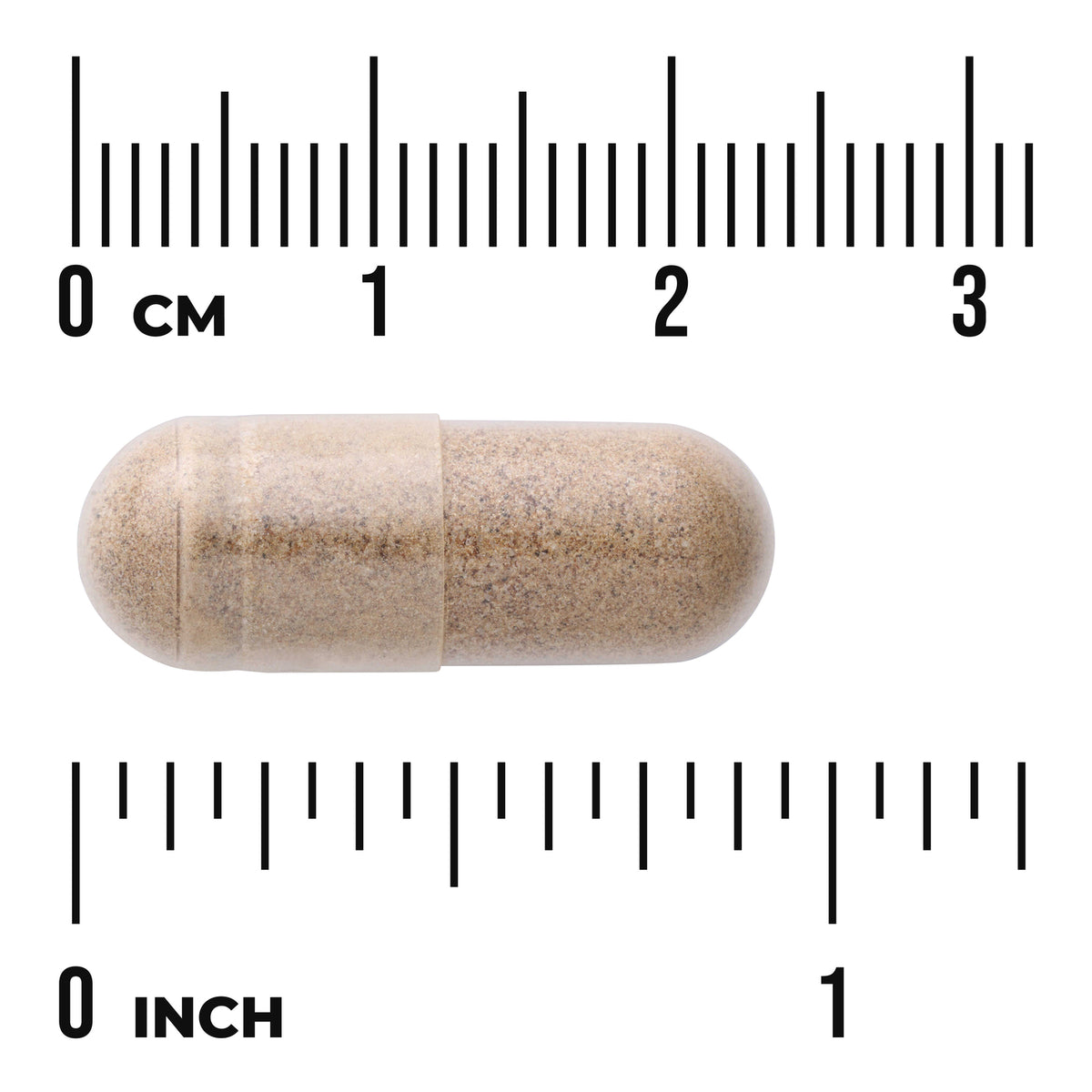 SWC086 | Beige capsule with size guide against cm and inch rulers