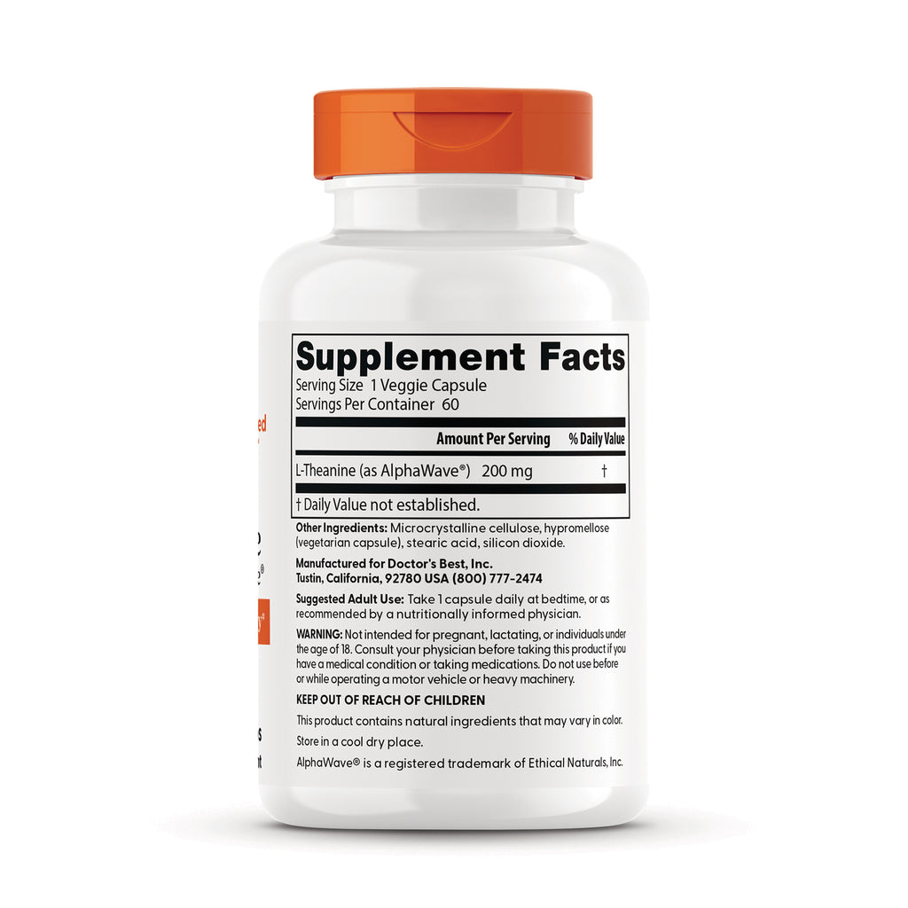 Supplement facts label on back of white bottle showing L-Theanine 200 mg, serving size and ingredients - Thumbnail