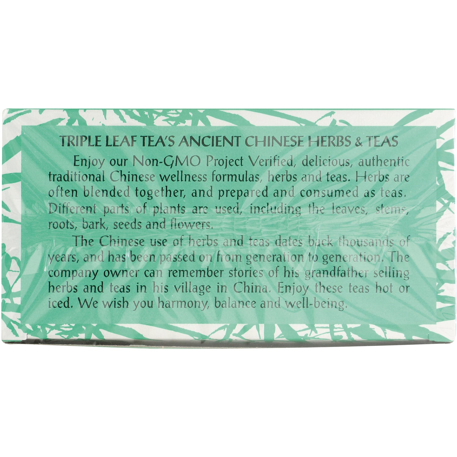 TLT012 | Back panel text: Triple Leaf Teas Ancient Chinese Herbs & Teas with Non-GMO Project Verified message