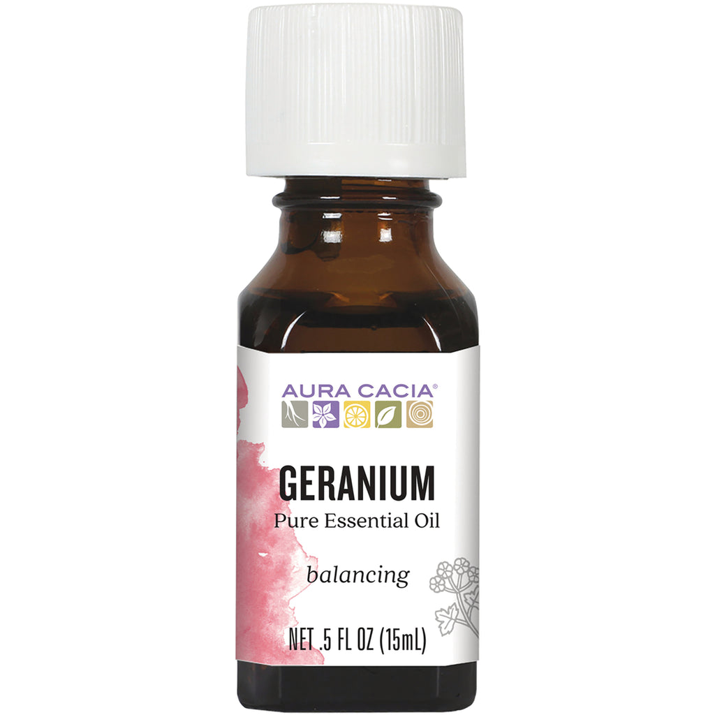 ARC010 | Aura Cacia Geranium pure essential oil 0.5 fl oz amber bottle with white cap labeled balancing - Thumbnail