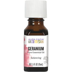 ARC010 | Aura Cacia Geranium pure essential oil 0.5 fl oz amber bottle with white cap labeled balancing