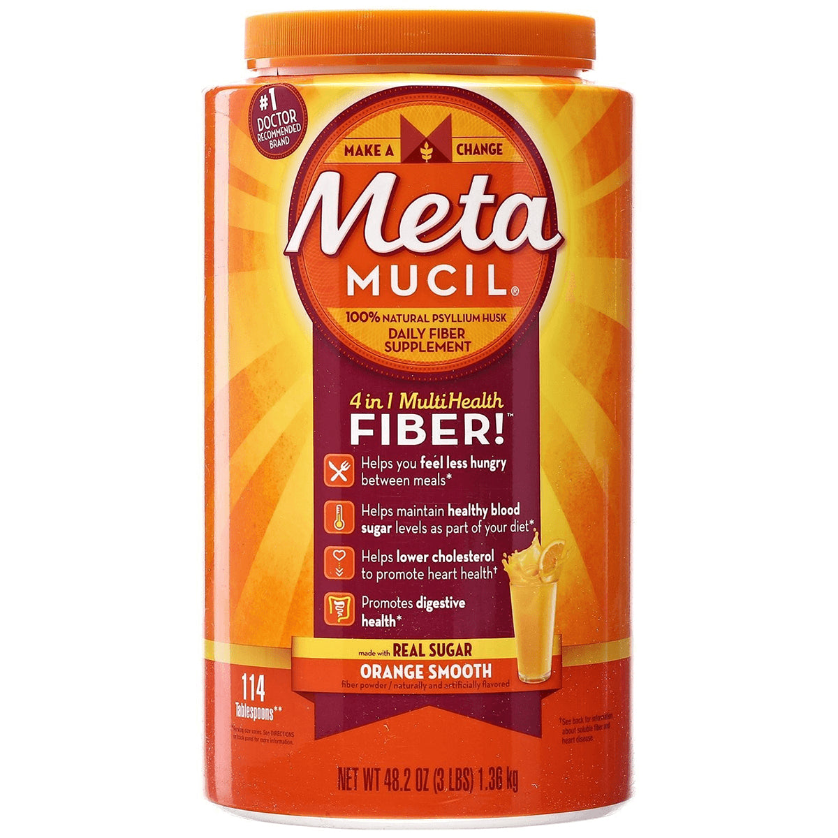 MTA002 | Meta Mucil Orange Smooth fiber powder 48.2 oz front label showing benefits