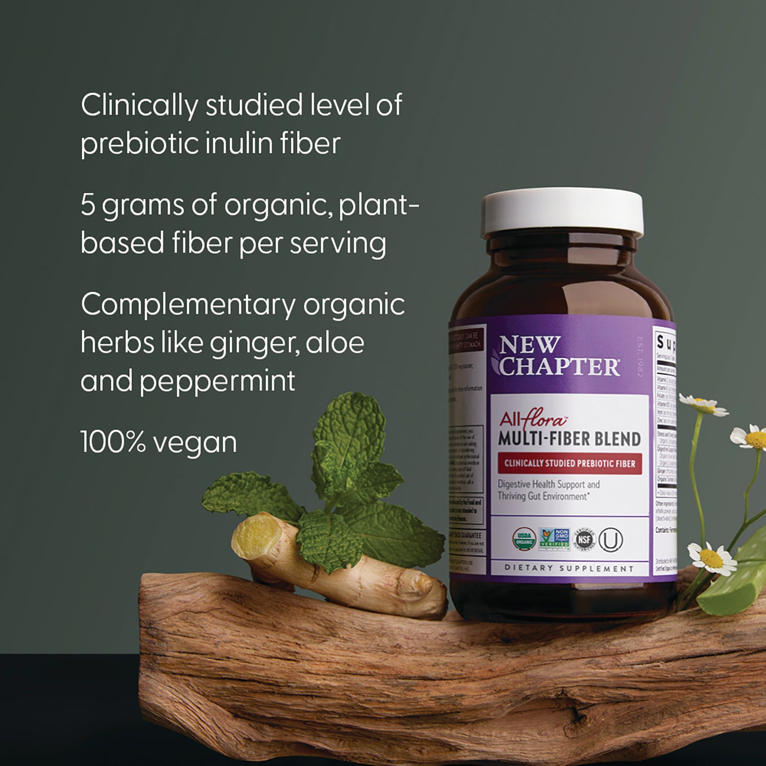 NWC399 | New Chapter All-Flora Multi-Fiber Blend bottle with herbs and benefit text