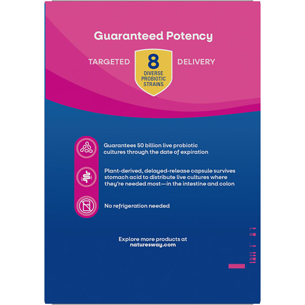 NW881 | back panel listing Guaranteed Potency, guarantees 50 billion live probiotics, 7 strains, delayed-release capsule, no refrigeration needed - Thumbnail
