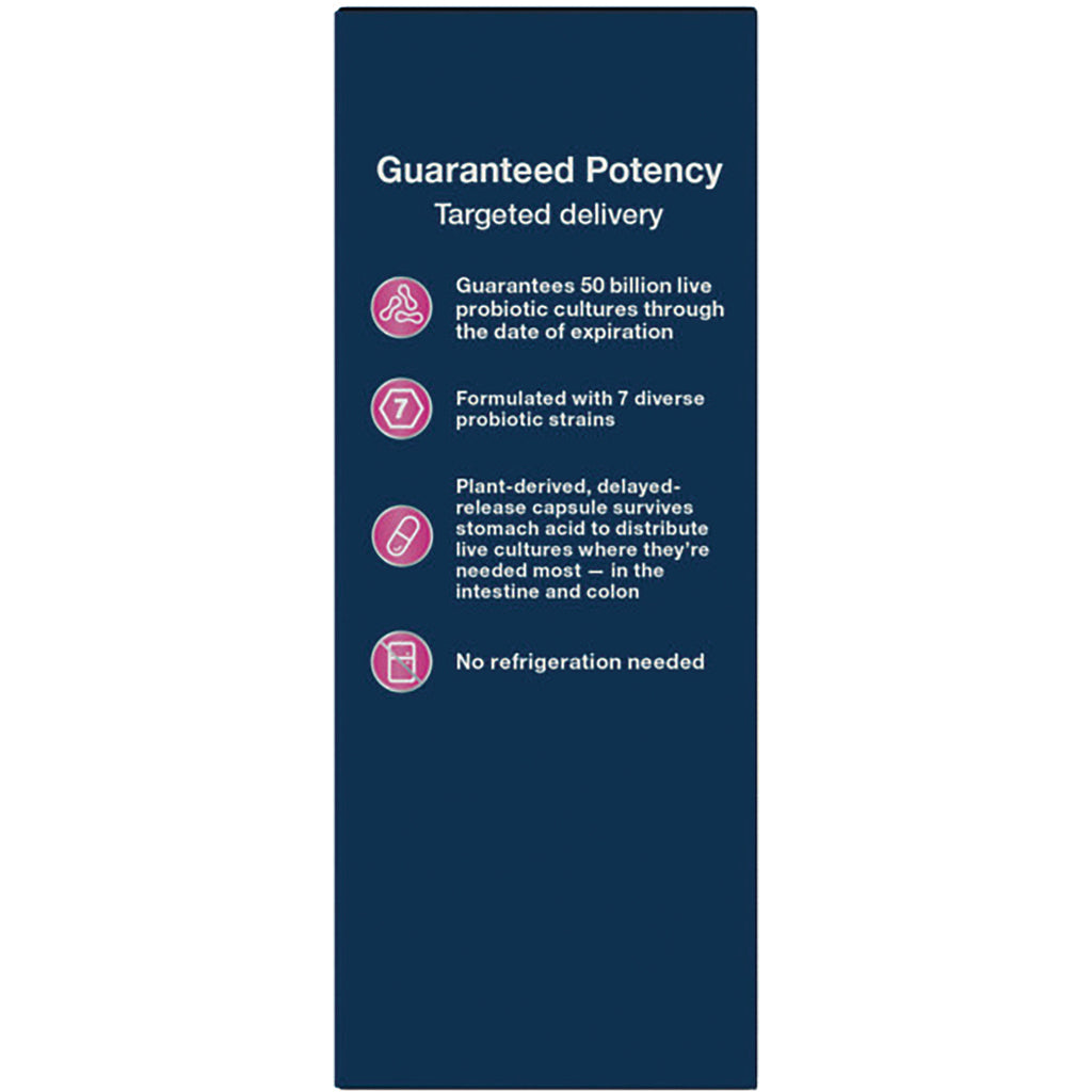 NW881 | back panel listing Guaranteed Potency, guarantees 50 billion live probiotics, 7 strains, delayed-release capsule, no refrigeration needed - Thumbnail
