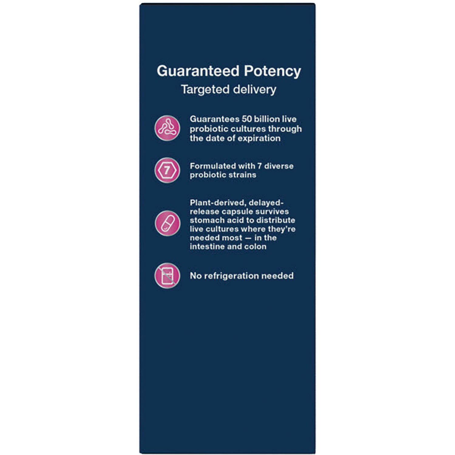 NW881 | back panel listing Guaranteed Potency, guarantees 50 billion live probiotics, 7 strains, delayed-release capsule, no refrigeration needed