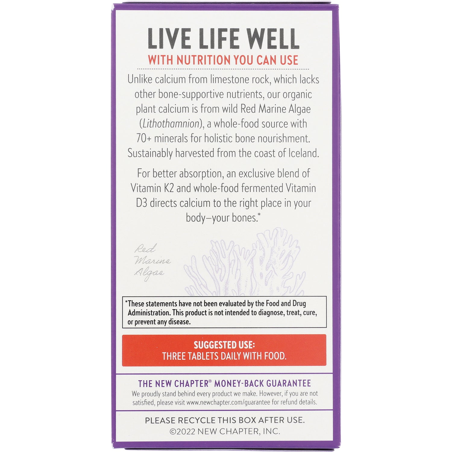 NWC258 | Back of purple supplement box with product description and suggested use: THREE TABLETS DAILY WITH FOOD