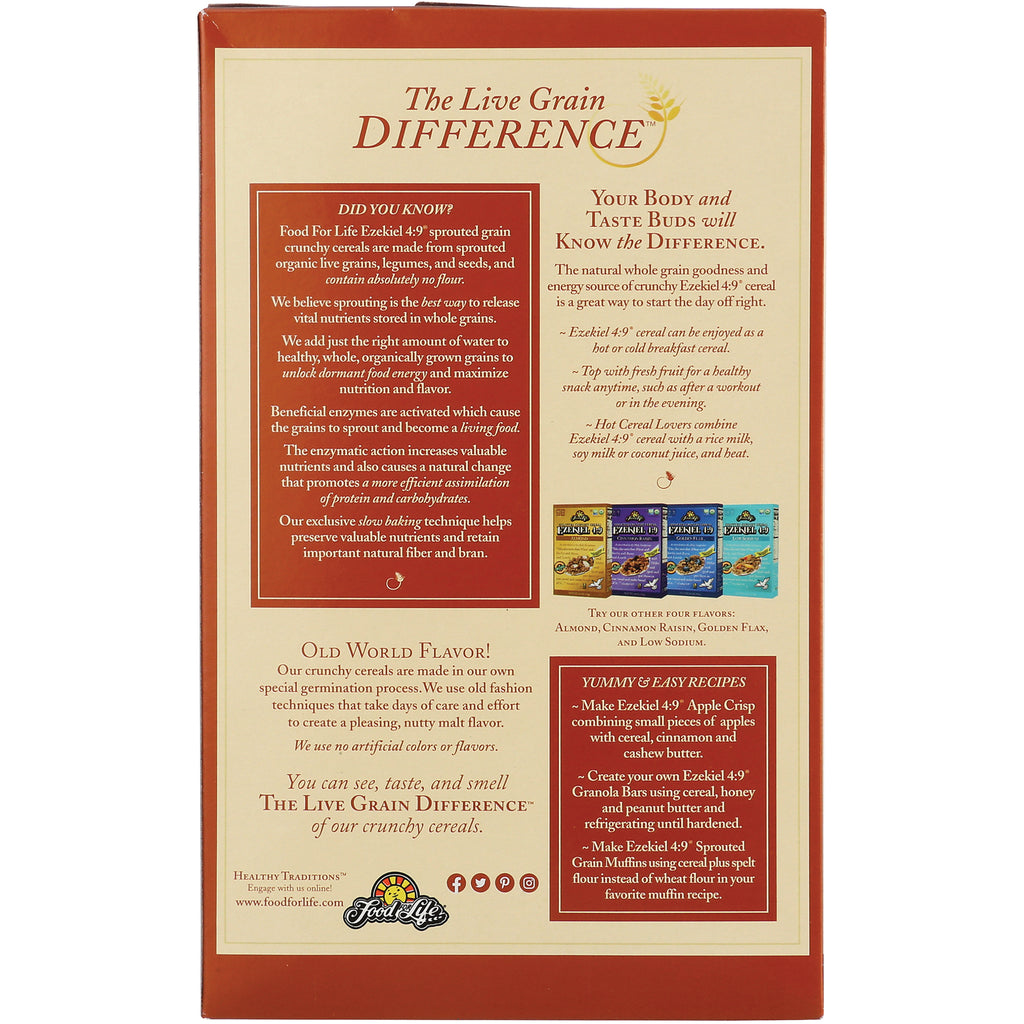 FFL004 | back panel product infographic for Ezekiel cereal showing benefits, ingredients, small product images and recipes - Thumbnail