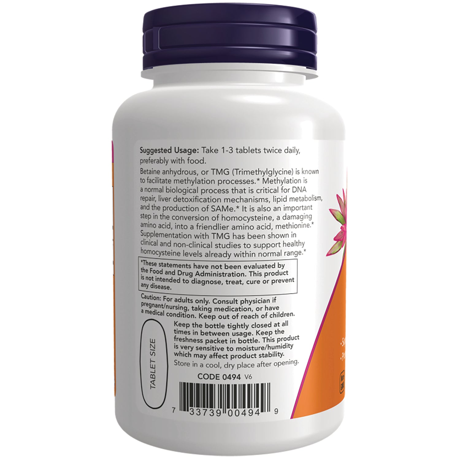 NWF1379 | Back of white supplement bottle showing suggested usage, caution text and barcode