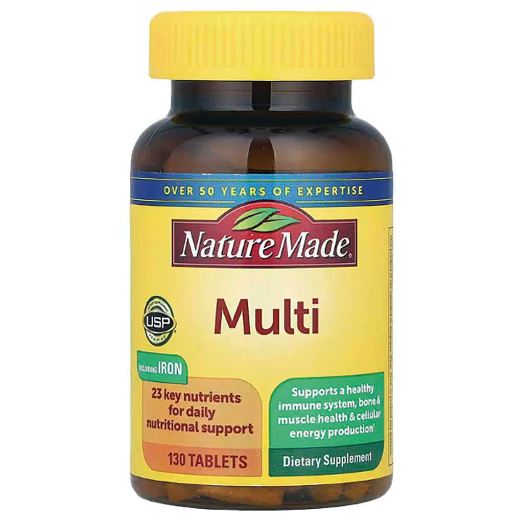 NTM043 | Nature Made Multi dietary supplement bottle with yellow label, 130 tablets, includes iron - Thumbnail