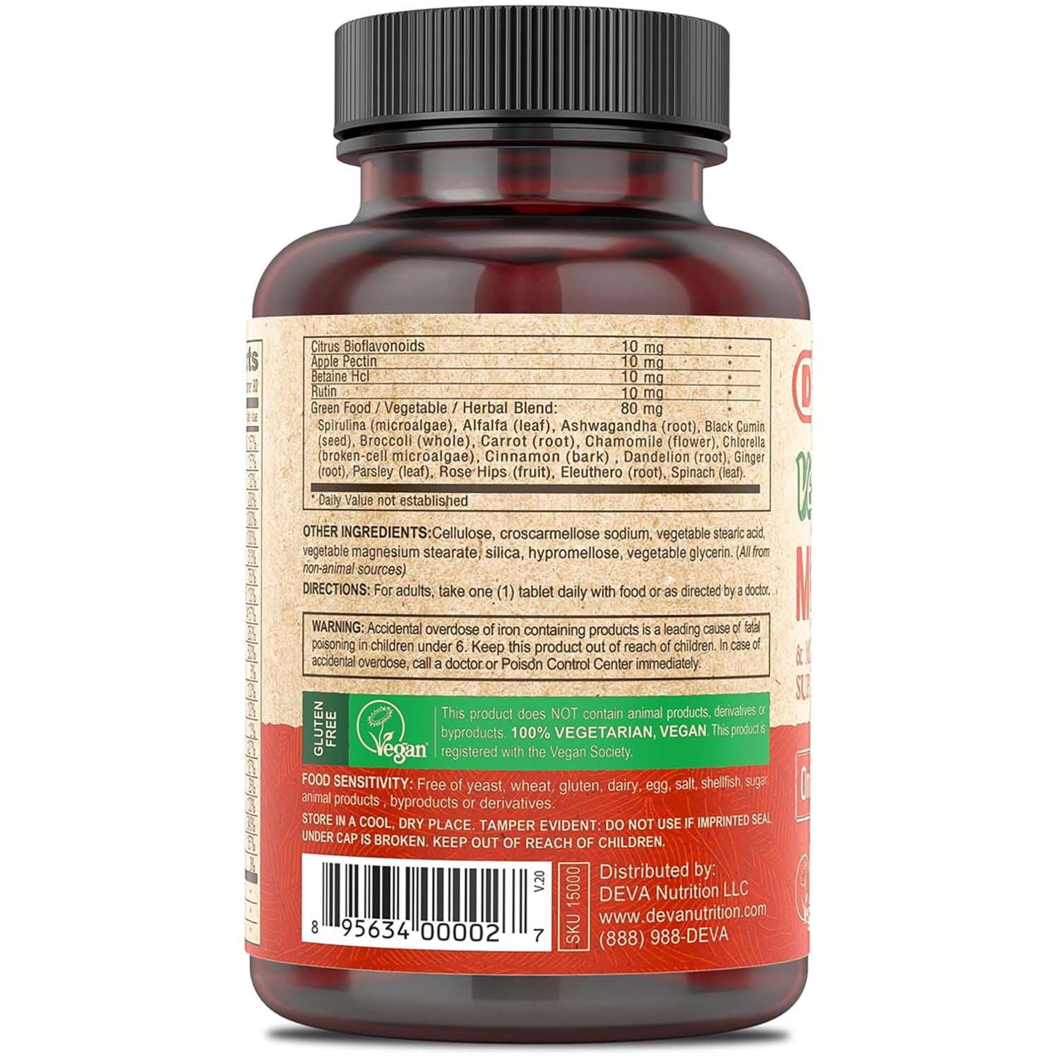 DEV001 | Back label of supplement bottle showing ingredients, directions, vegan and gluten-free badges, barcode
