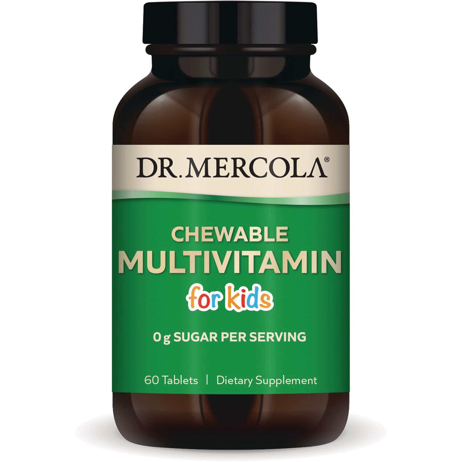 MRC044 | Dr. Mercola chewable multivitamin for kids bottle with green label, 60 tablets, 0 g sugar per serving