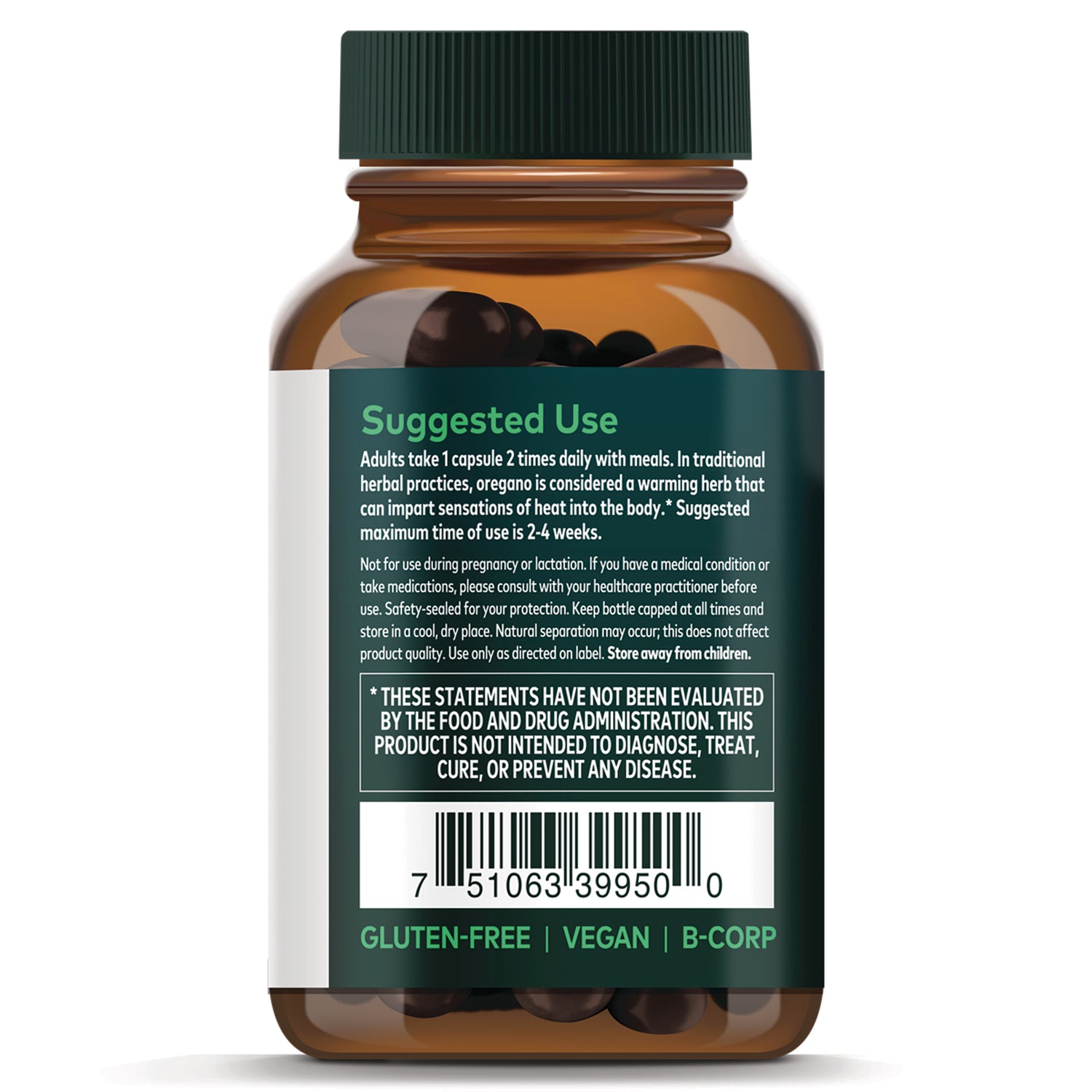 GH016 | back label of amber supplement bottle showing suggested use text, barcode, and gluten-free vegan B-Corp badges