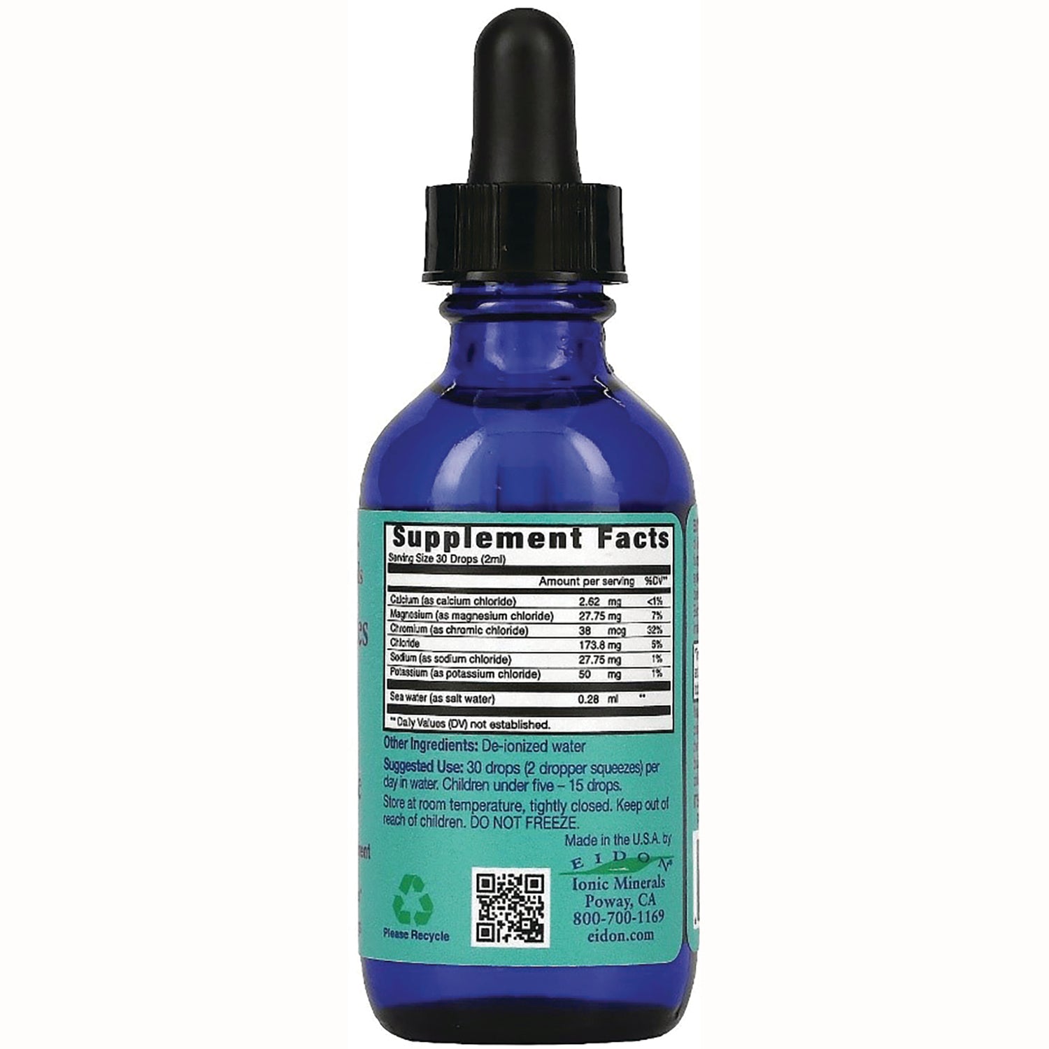 EIM032 | Back of blue glass dropper bottle showing Supplement Facts label, suggested use, and recycling icon