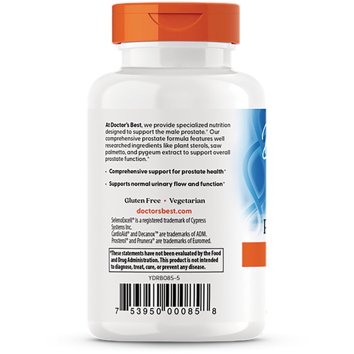 Back label of Doctor's Best Comprehensive Prostate Formula bottle showing ingredients, FDA disclaimer, and barcode