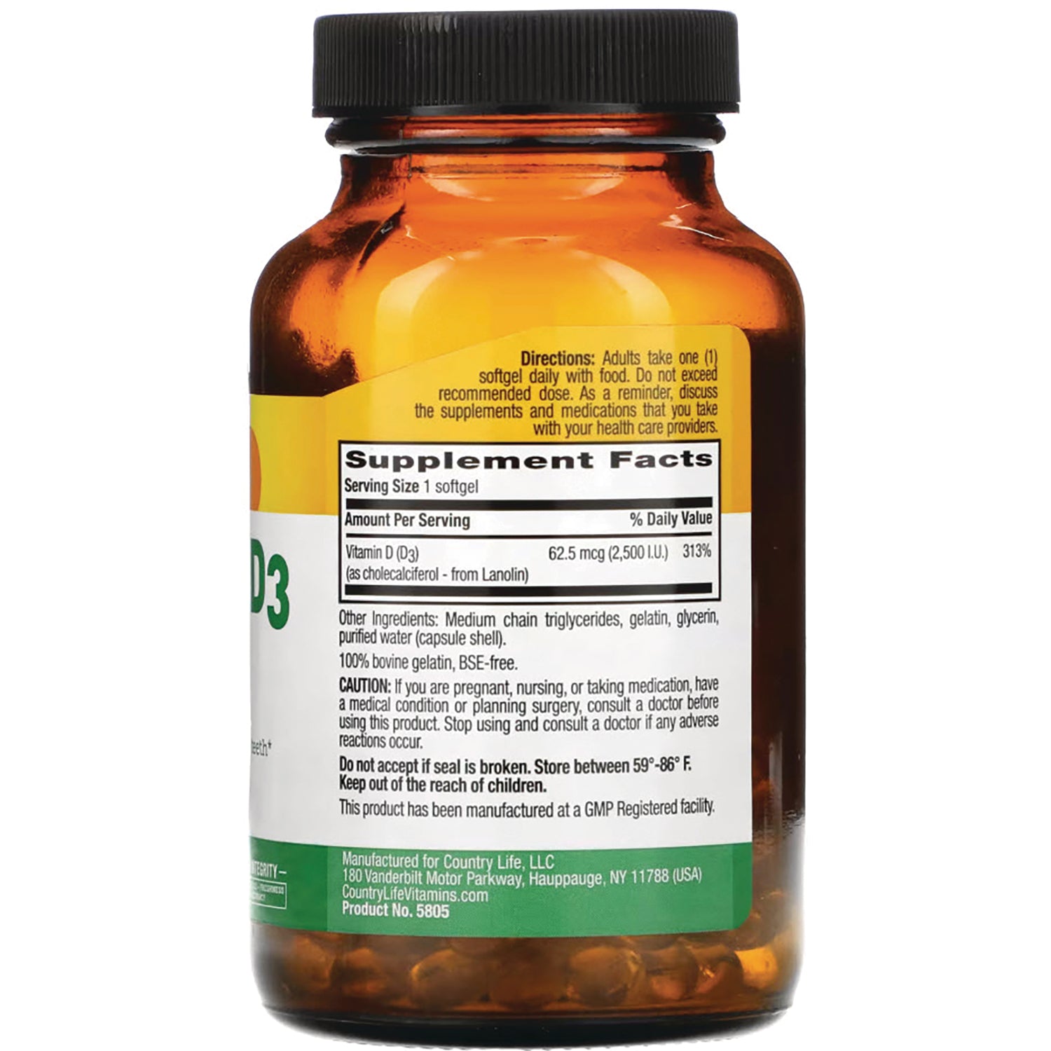 CRL364 | amber supplement bottle back displaying Supplement Facts panel, directions, and vitamin D3 softgels
