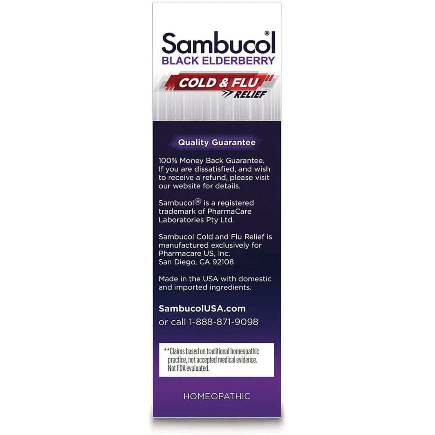 Sambucol BLACK ELDERBERRY cold and flu relief product infographic panel showing Quality Guarantee and contact information
