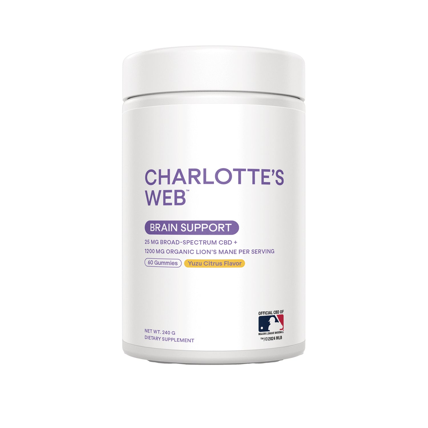 RE003 | White jar of Charlotte's Web Brain Support gummies, yuzu citrus, 60 gummies, 25 mg broad-spectrum CBD