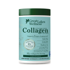 GLK012 | Great Lakes Wellness Collagen powder container with teal label reading 12 g collagen per serving unflavored