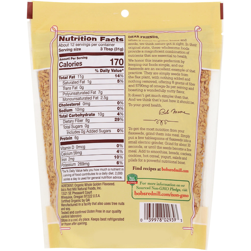 BOB257 | back of yellow bag showing nutrition facts, ingredient text, and barcode for golden flaxseed - Thumbnail