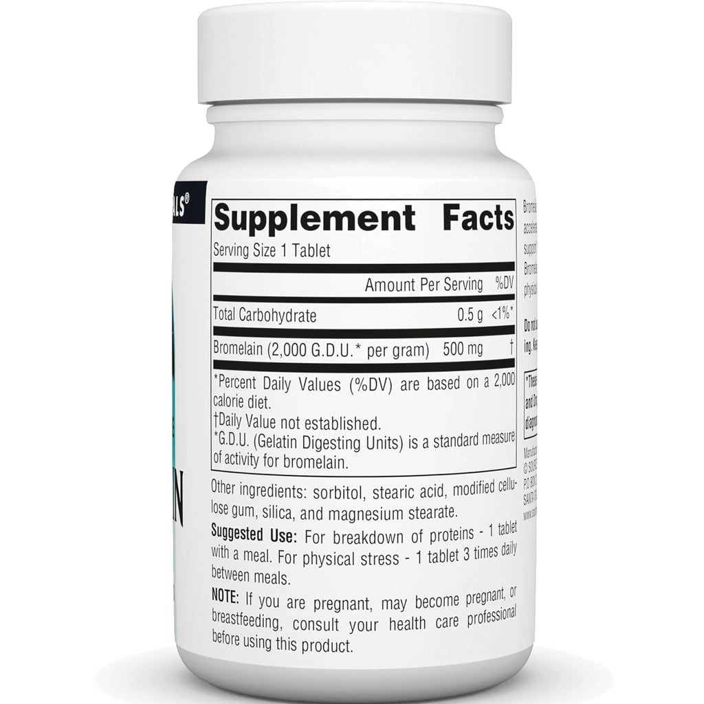 SN231 | Supplement Facts back label showing serving size 1 tablet, bromelain 500 mg, and other ingredients - Thumbnail