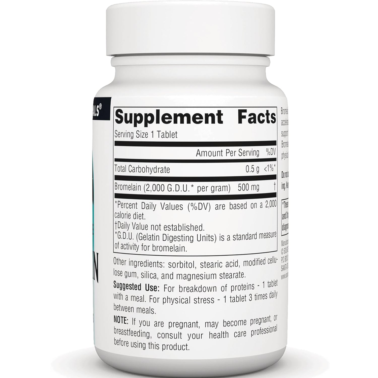 SN231 | Supplement Facts back label showing serving size 1 tablet, bromelain 500 mg, and other ingredients