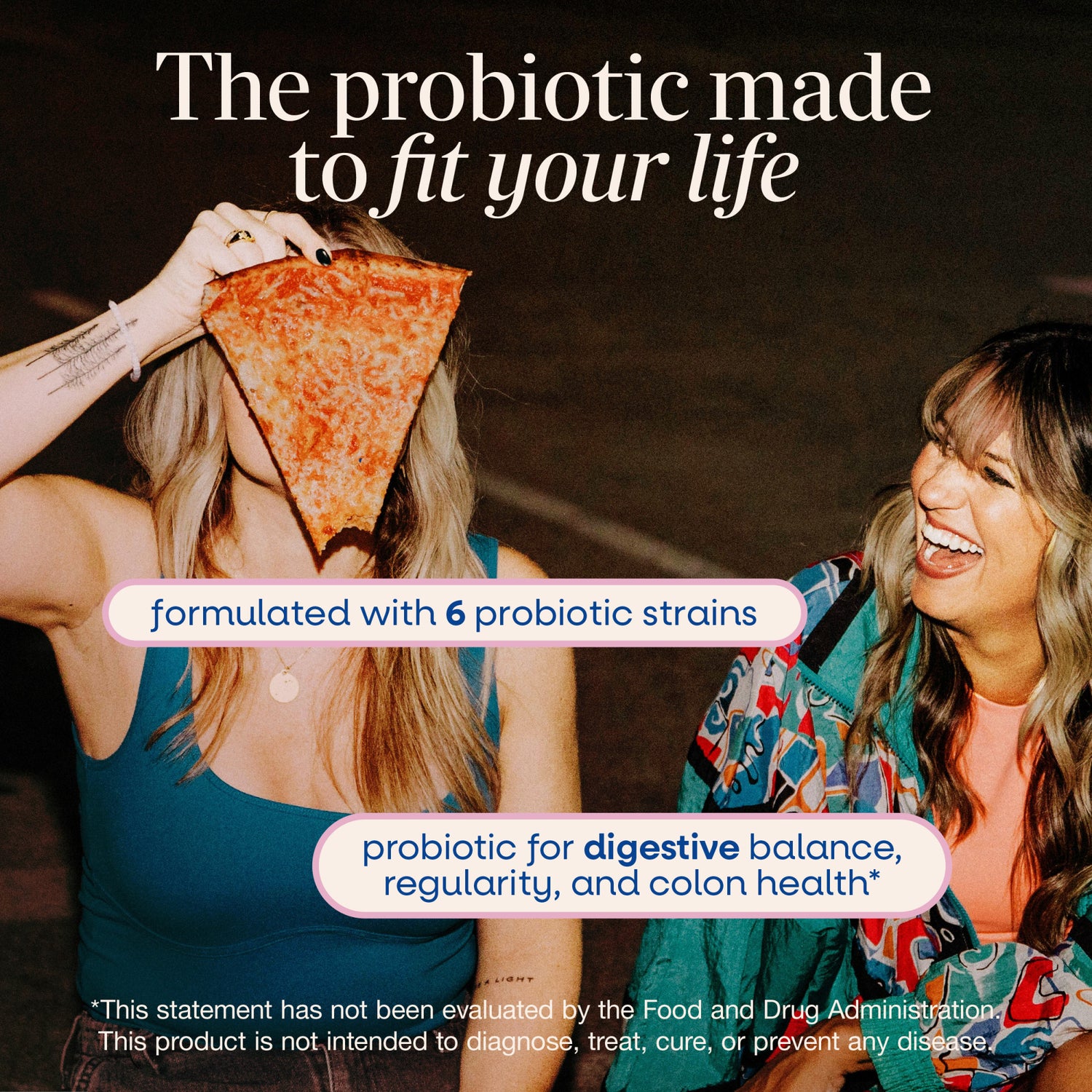 ET429 | Probiotic lifestyle graphic with two women and text about 6 probiotic strains and digestive balance