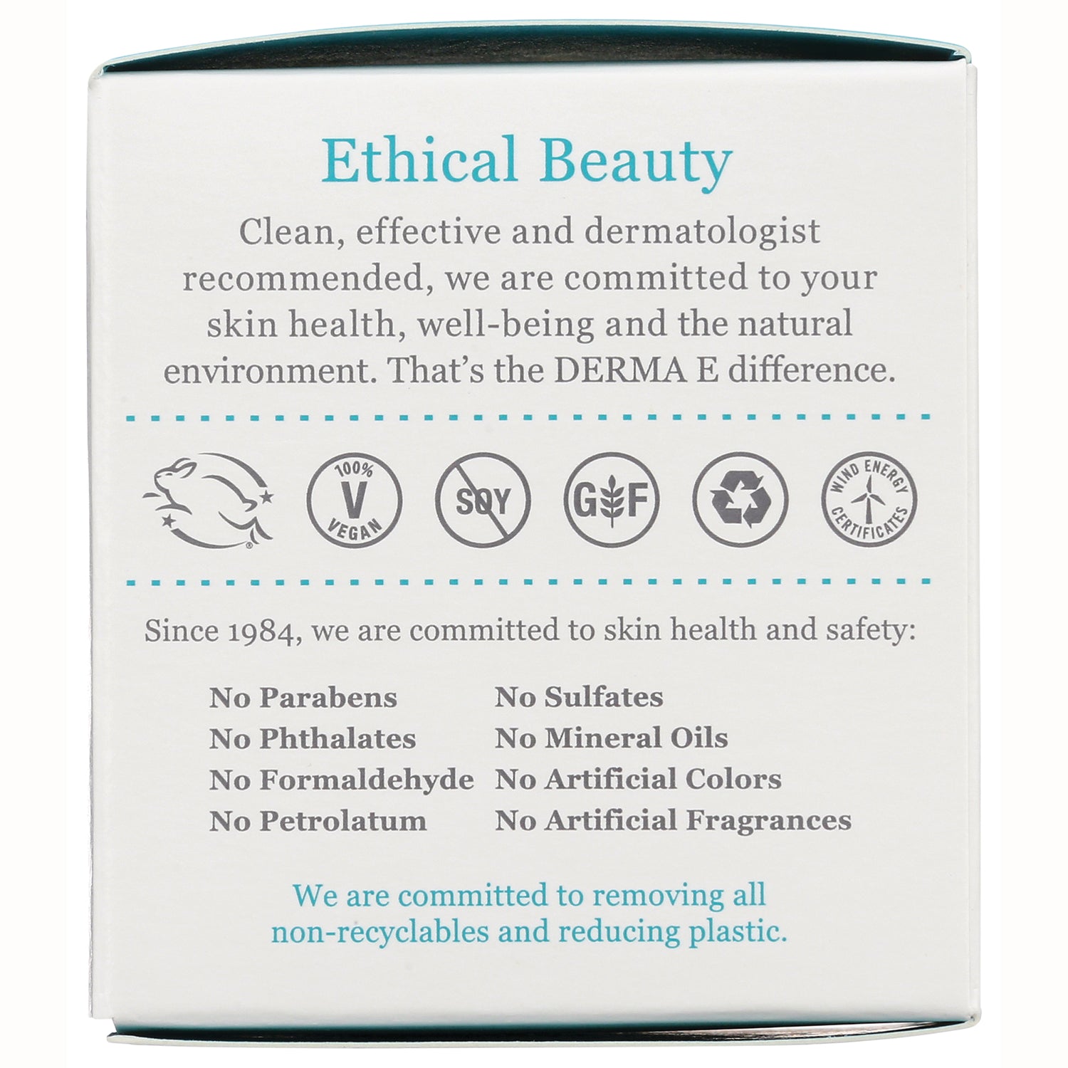 DE001 | box back labeled Ethical Beauty with icons and claims listing No Parabens, No Sulfates, No Phthalates, vegan