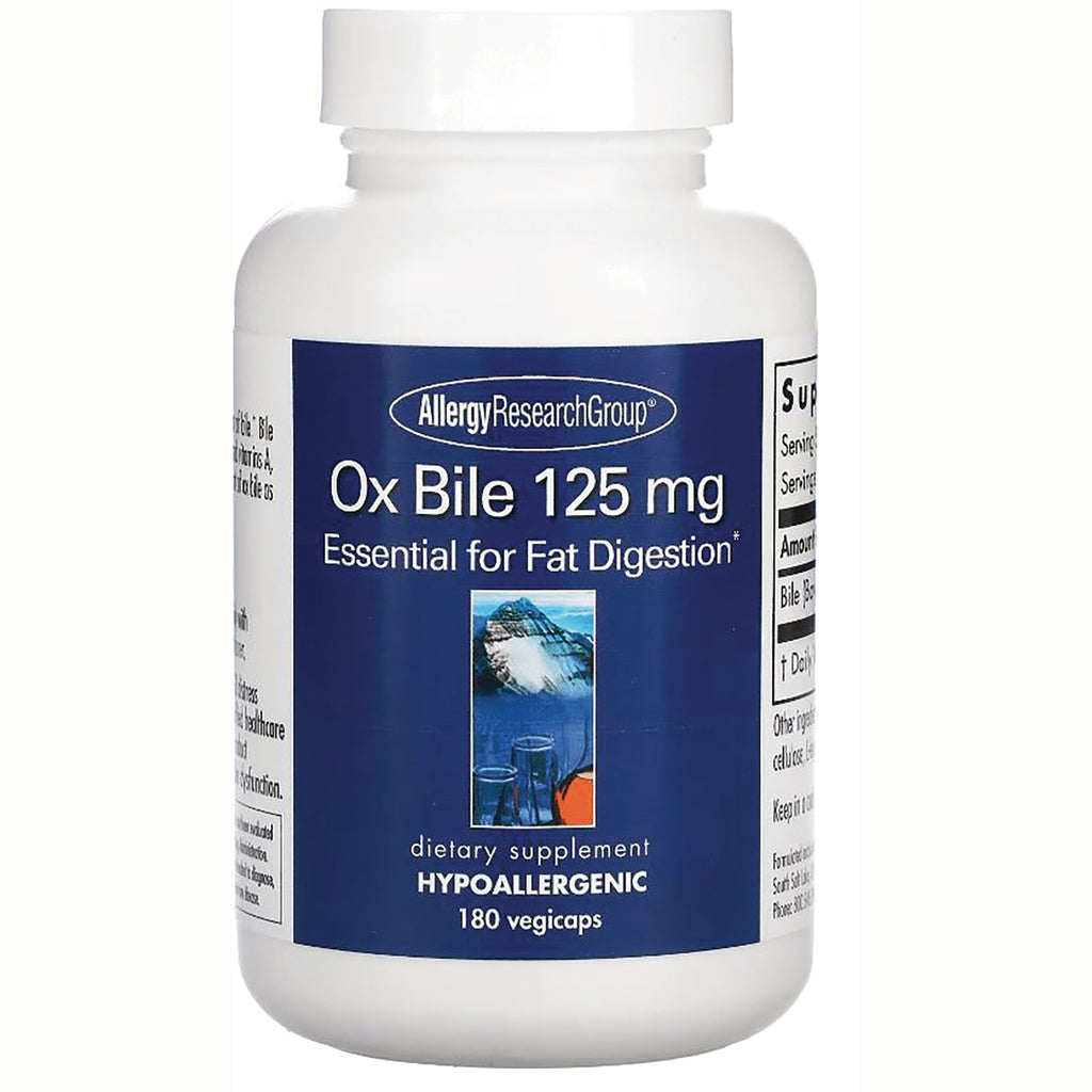 ARG078 | White bottle of AllergyResearchGroup Ox Bile 125 mg dietary supplement, hypoallergenic, 180 vegicaps - Thumbnail