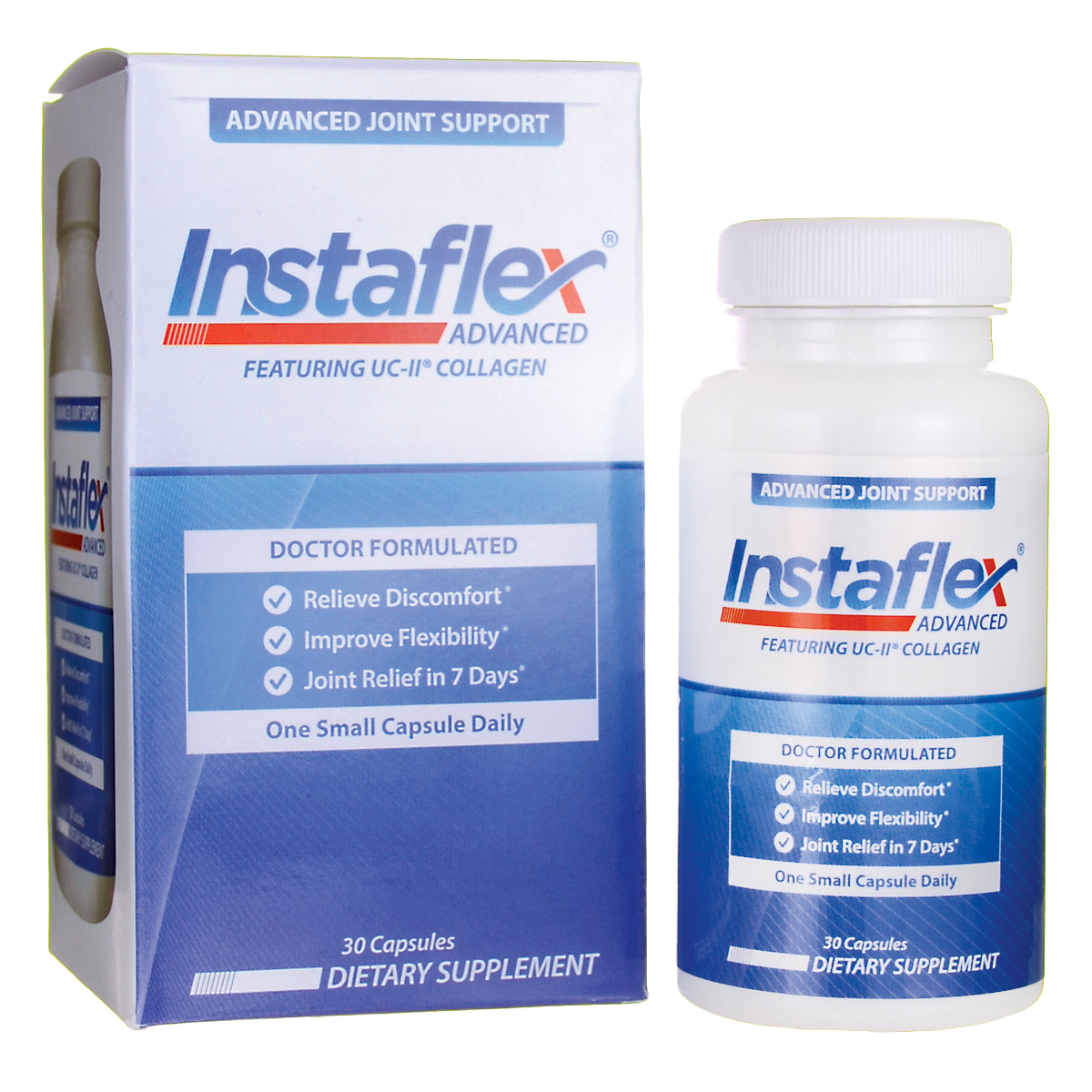ISF002 | Instaflex Advanced dietary supplement bottle and box showing doctor formulated benefits and 30 capsules