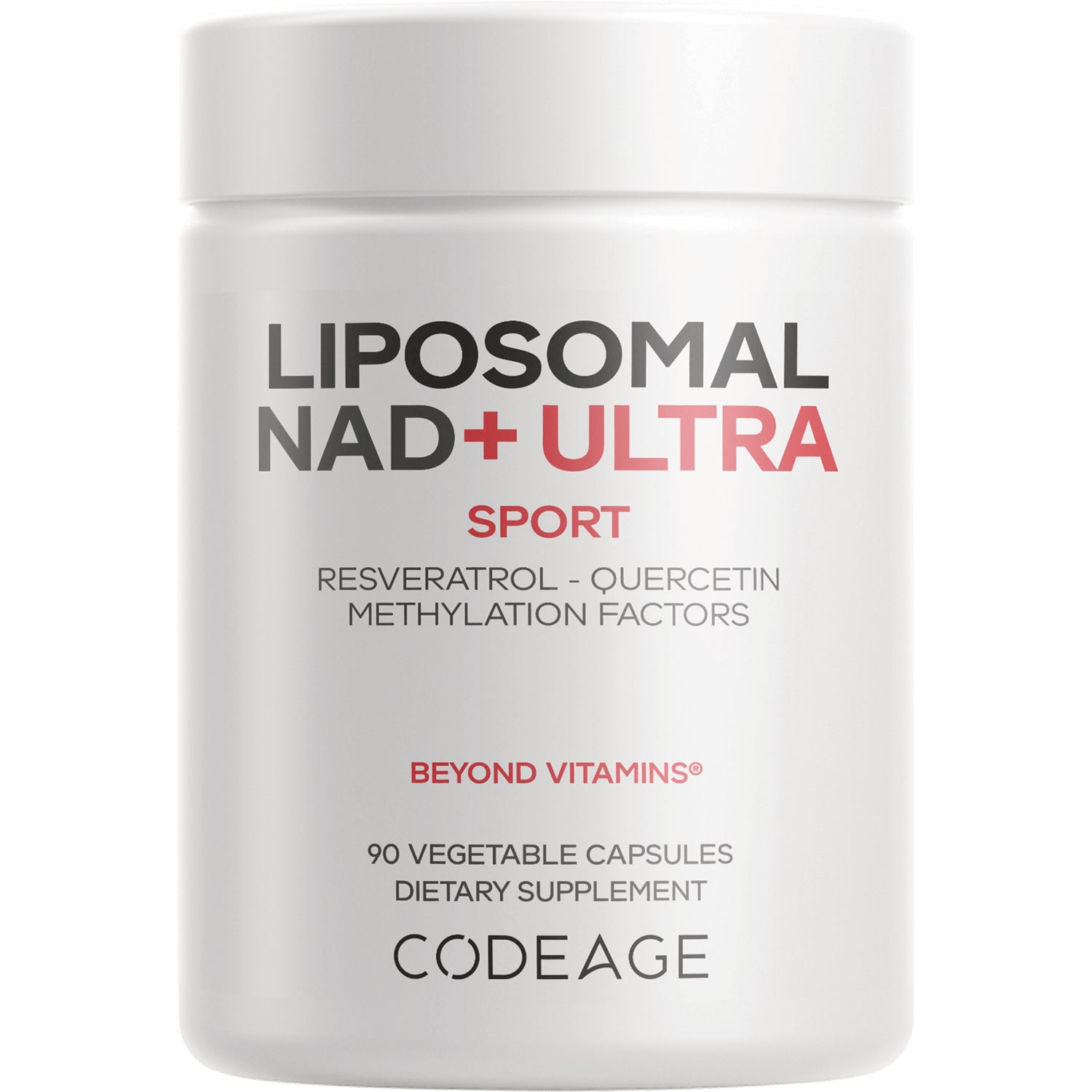 CDG019 | White supplement jar labeled LIPOSOMAL NAD+ ULTRA SPORT with CODEAGE branding