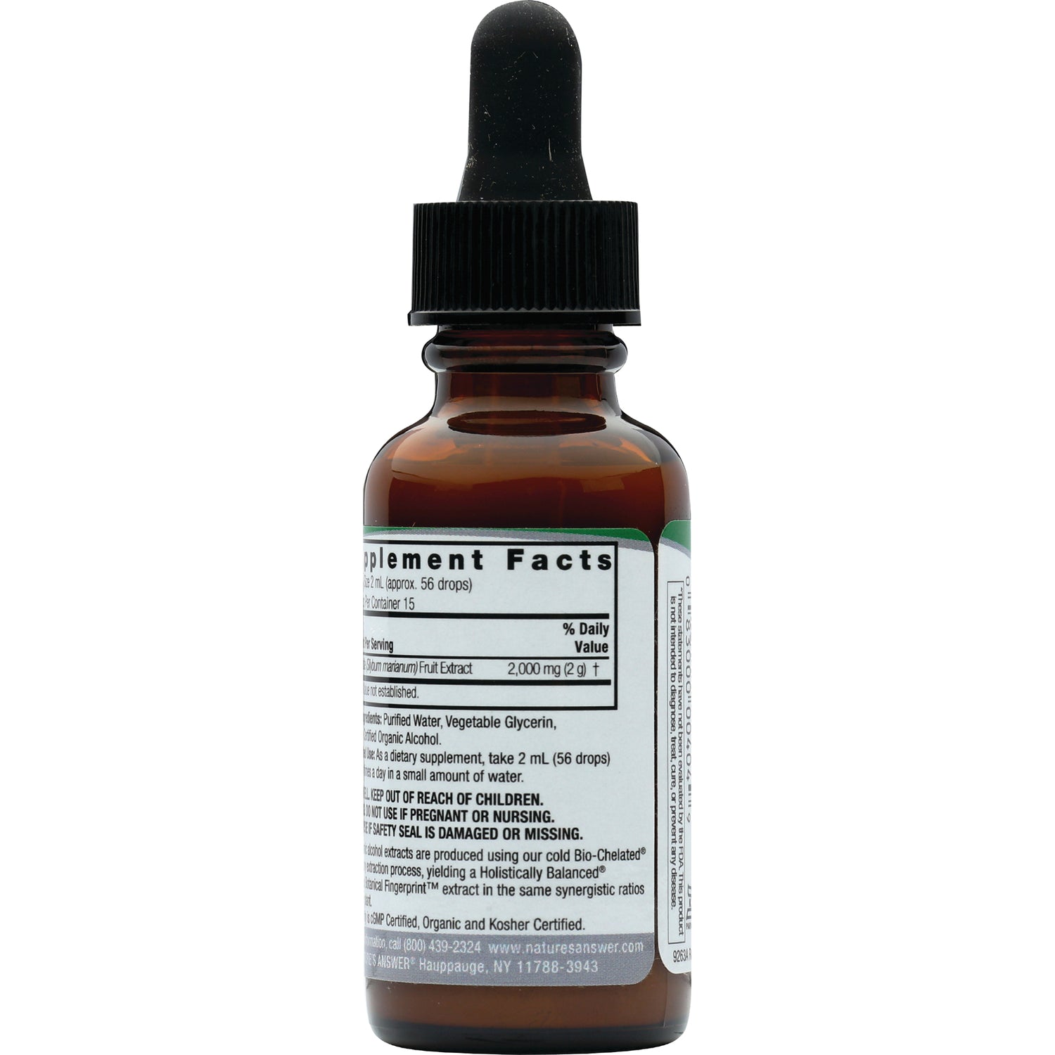 NAT279 | back label of brown dropper bottle showing Supplement Facts and usage directions