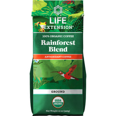 LE443 | Life Extension Rainforest Blend 100% organic ground coffee bag with hummingbird artwork and USDA Organic badge