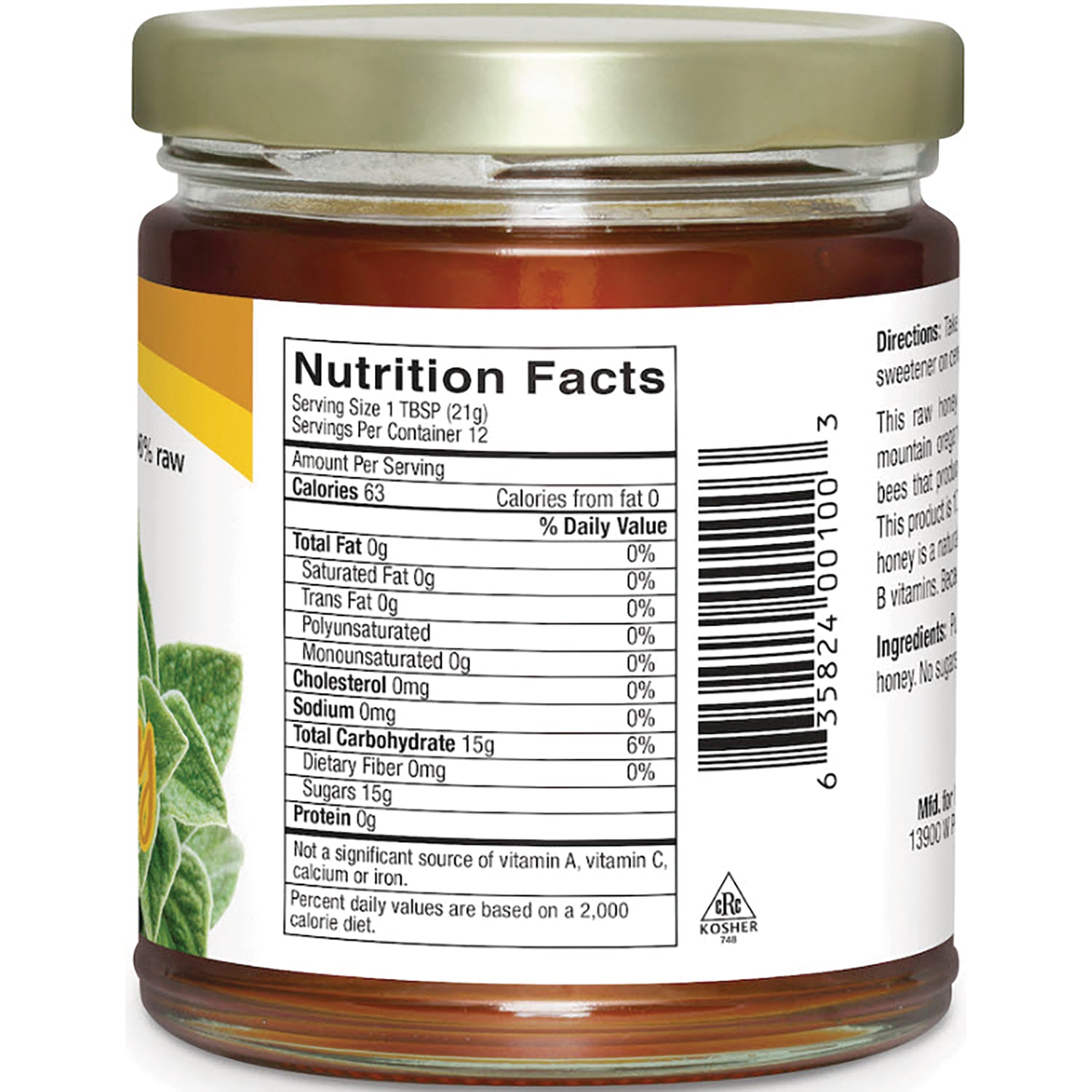 NHS090 | Back label of honey jar showing Nutrition Facts table, barcode, and ingredient text