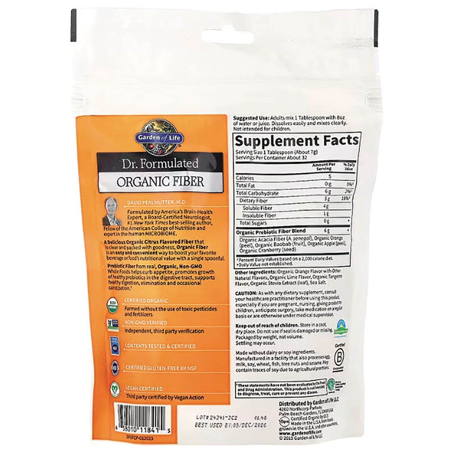 GLF210 | Back of pouch showing Supplement Facts, ingredients, certifications, and barcode
