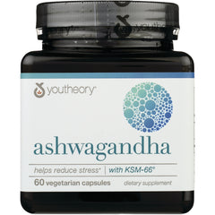 YOU012 | Youtheory Ashwagandha bottle, helps reduce stress with KSM-66, 60 vegetarian capsules