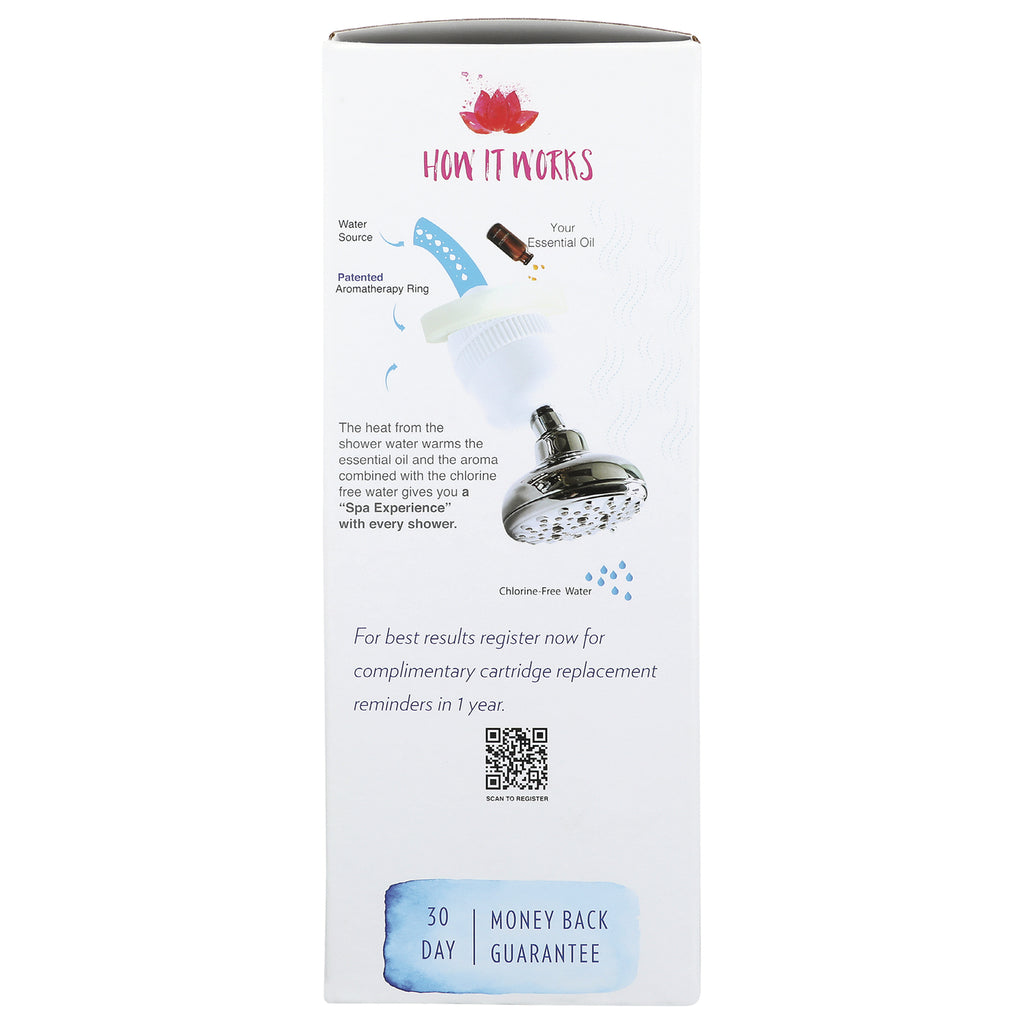 NWE001 | back of showerhead filter box showing how it works diagram, QR code, and 30 day money back guarantee - Thumbnail