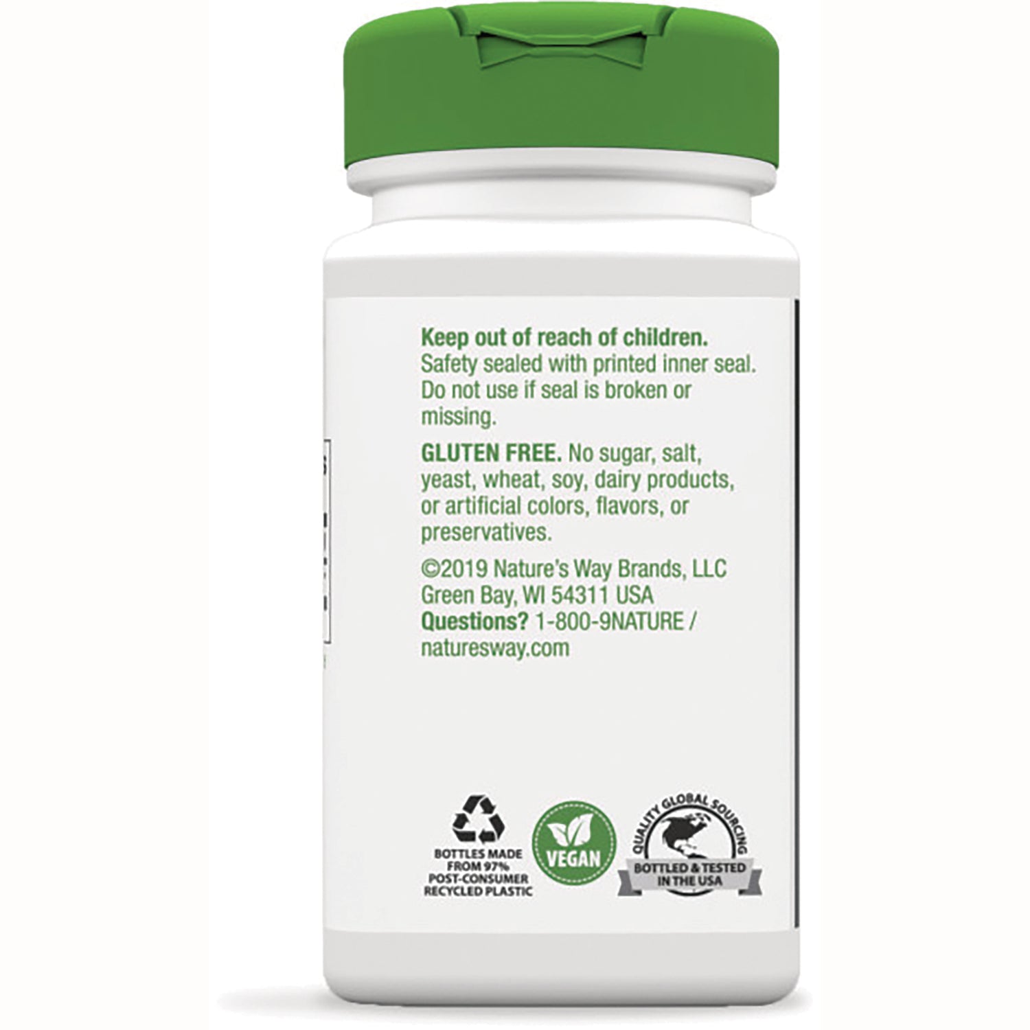 NW812 | back label of white supplement bottle with gluten free text, vegan and recycle icons
