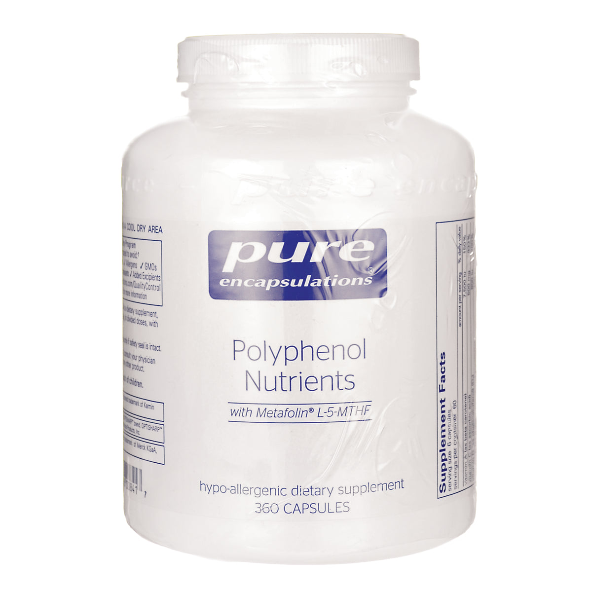PRN137 | Pure Encapsulations Polyphenol Nutrients white supplement bottle front, 360 capsules