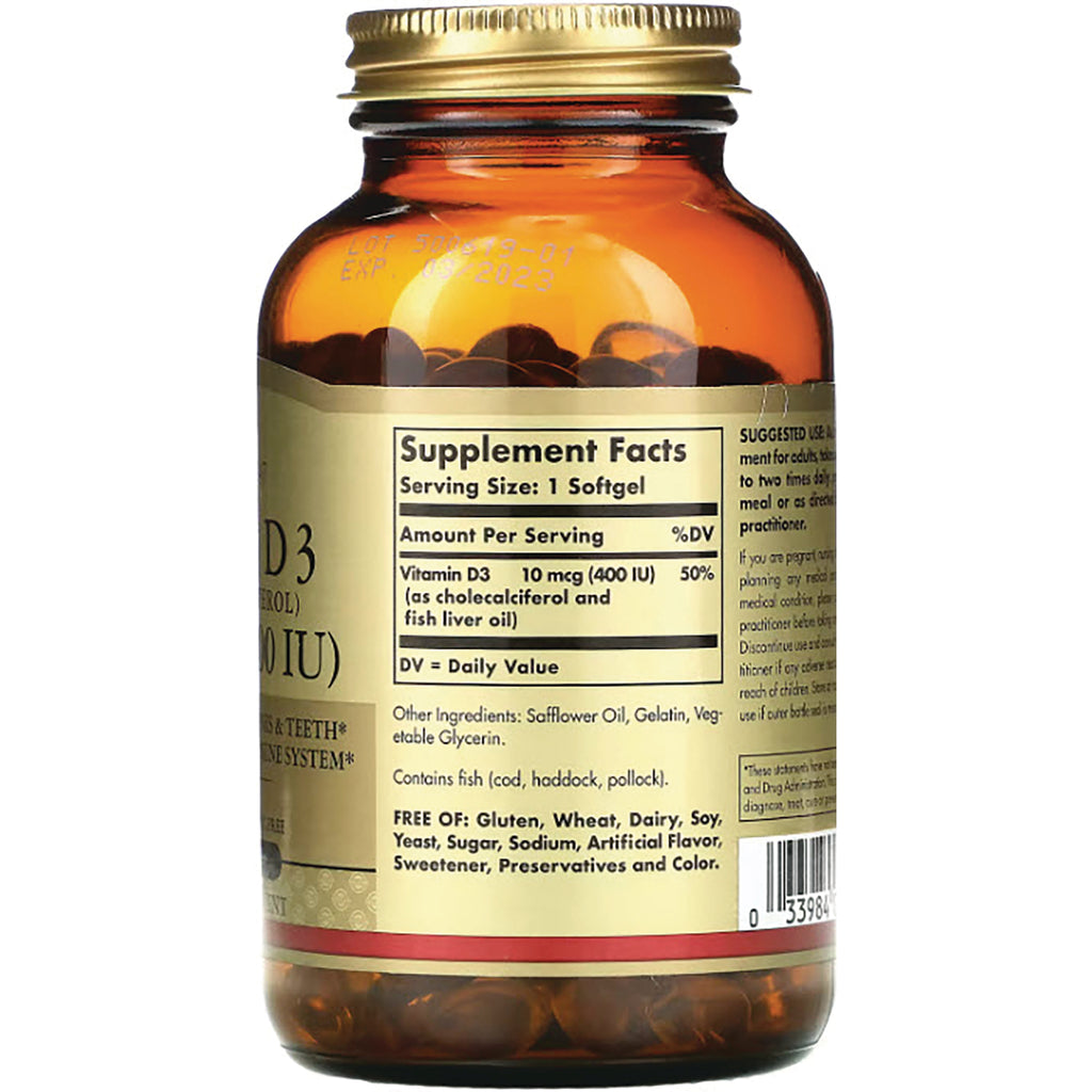 SLG242 | Back of amber supplement bottle showing Supplement Facts label stating Vitamin D3 10 mcg (400 IU), ingredients and barcode - Thumbnail