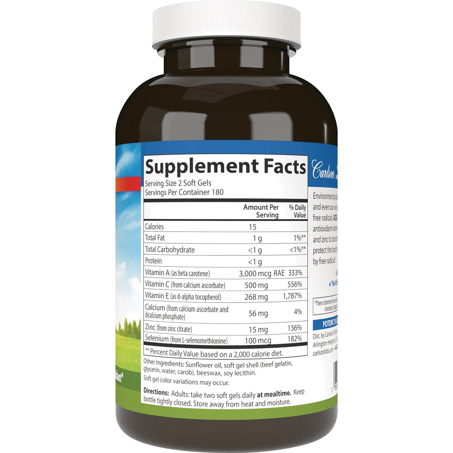 CSN312 | Supplement Facts panel on bottle back showing serving size 2 soft gels and nutrient amounts