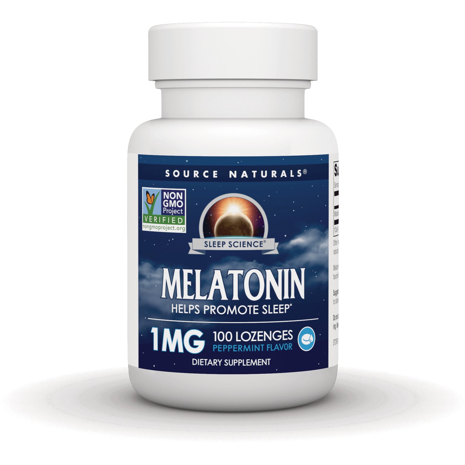 SN254 | Source Naturals Melatonin 1 mg, 100 lozenges, Peppermint Flavor dietary supplement bottle