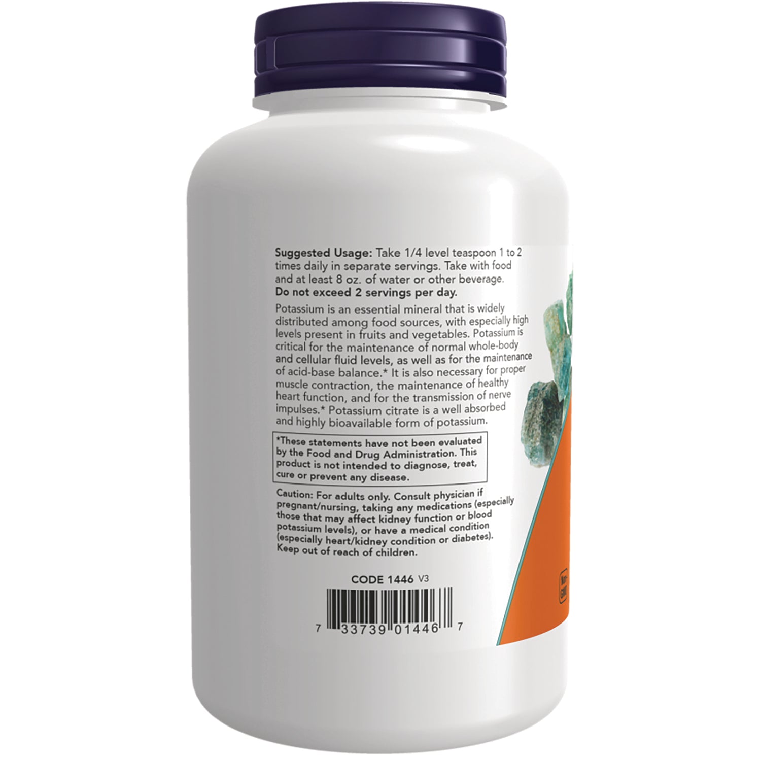 NWF1374 | Rear label of white supplement bottle showing suggested usage, caution text and barcode