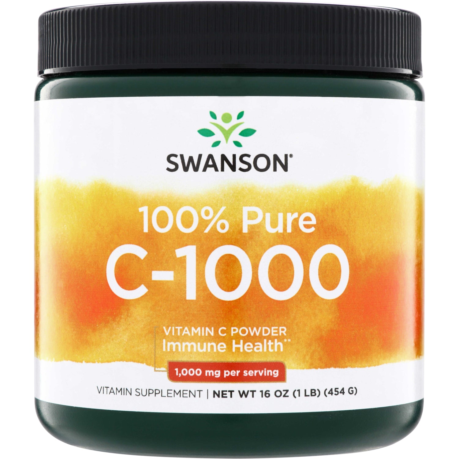 SW1130 | Swanson 100% Pure C-1000 vitamin C powder, Immune Health, 1,000 mg per serving, 16 oz jar front